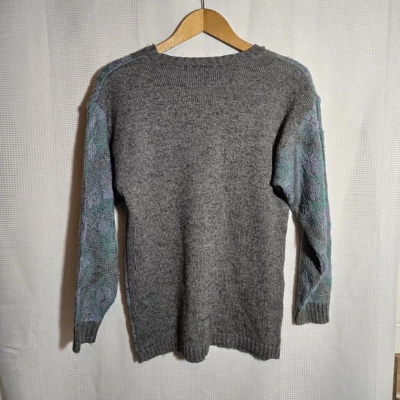 Vintage Floral Argyle Crewneck Wool Blend Pullover Sweater Medium 90s - Picture 6 of 7